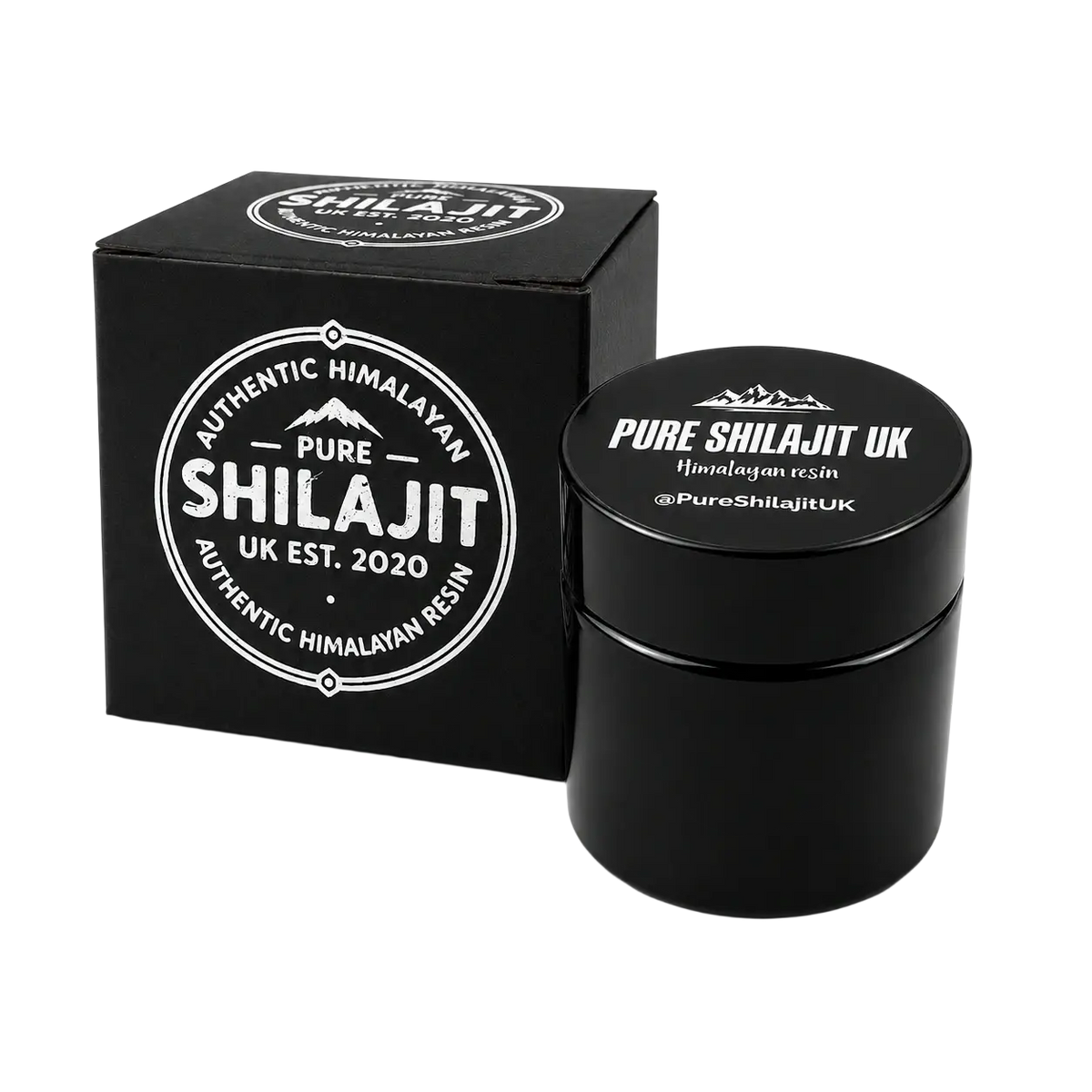 Schwarzes zylindrisches glas von himalaya shilajit harz mit passendem deckel und markenverpackung für reines shilajit