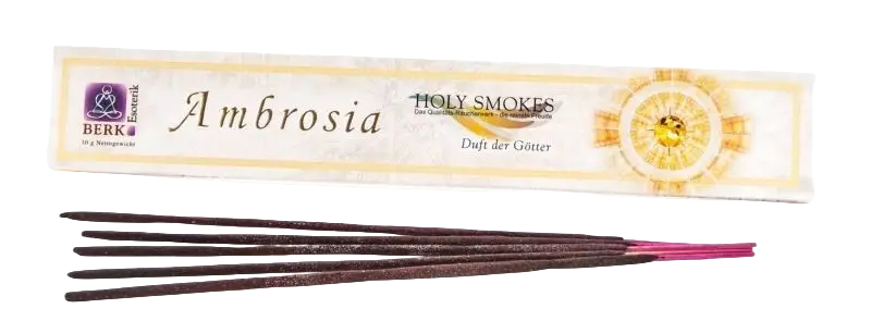 Dunkelbraune Holy Smokes Ambrosia Räucherstäbchen von Berk, Räucherwaren mit aromatischem Duft, in der Packung sichtbar