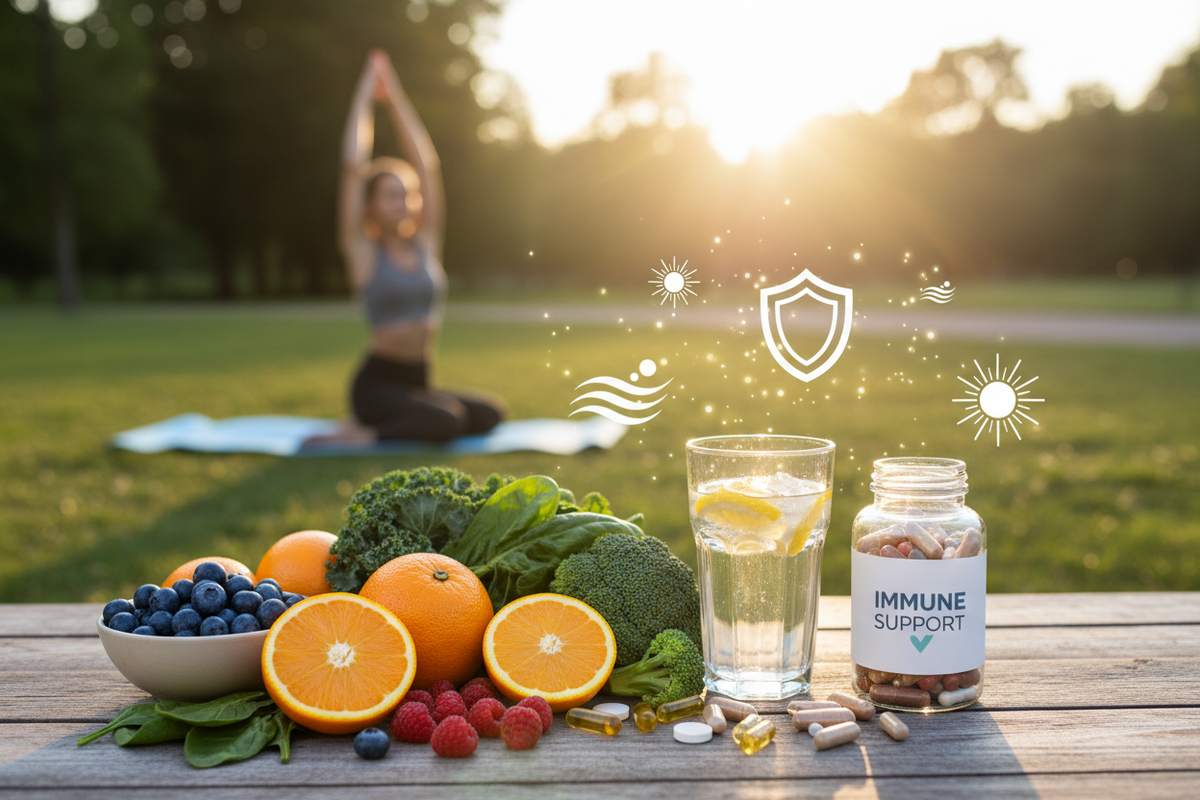 Gesunde Ernährung mit frischem Obst, Gemüse, Wasser und Nahrungsergänzungsmitteln im Freien.
