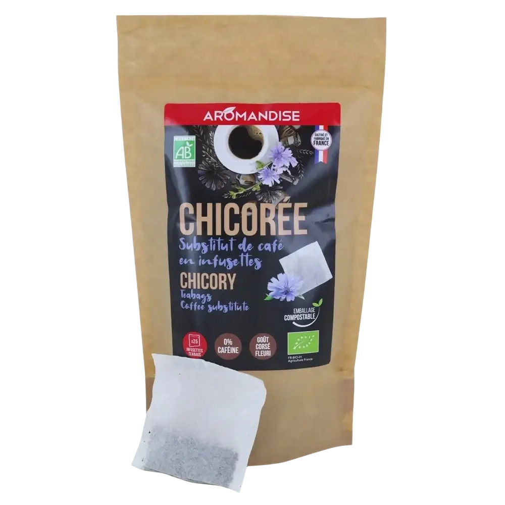 Bio-Chicorée in Teebeuteln, koffeinfreie Kaffeealternative von Faire Aromandise, geröstet und aromatisch für Tee- und Kaffee-Genuss.