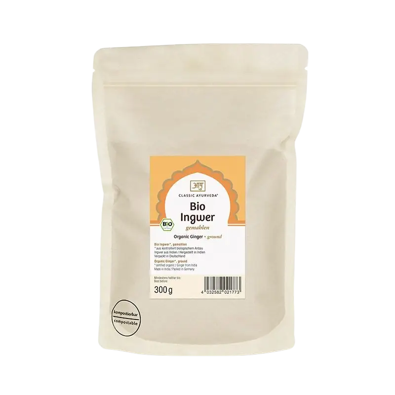Bio gemahlener Ingwer von Classic Ayurveda in wiederverschließbarem Beutel, aromatisches Gewürz für Kochen und Backen