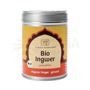 Ein zylindrischer metallbehälter mit einem gelb-roten classic ayurveda etikett für ingwer gemahlen bio aus kontrolliertem biologischen anbau reduziert vata und kapha