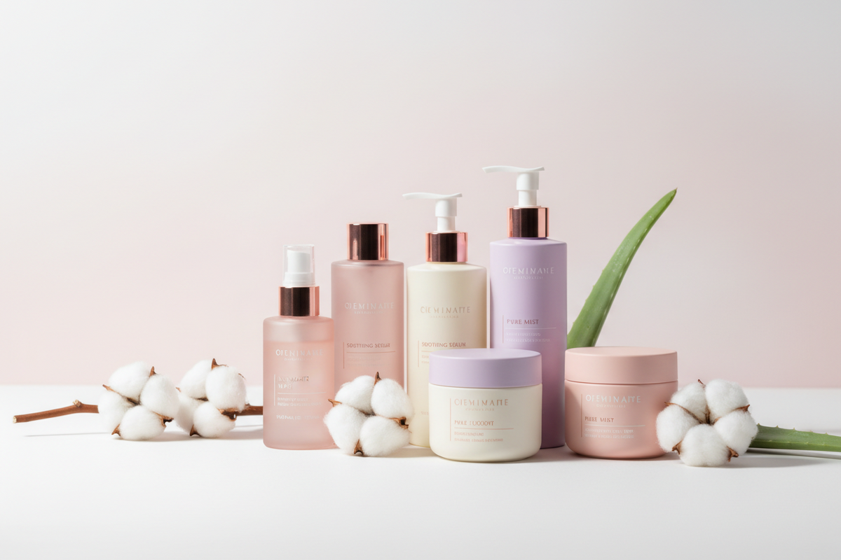 Hochwertige Bio-Kosmetik Produkte in Pastelltönen mit Baumwollblüten und Aloe Vera.