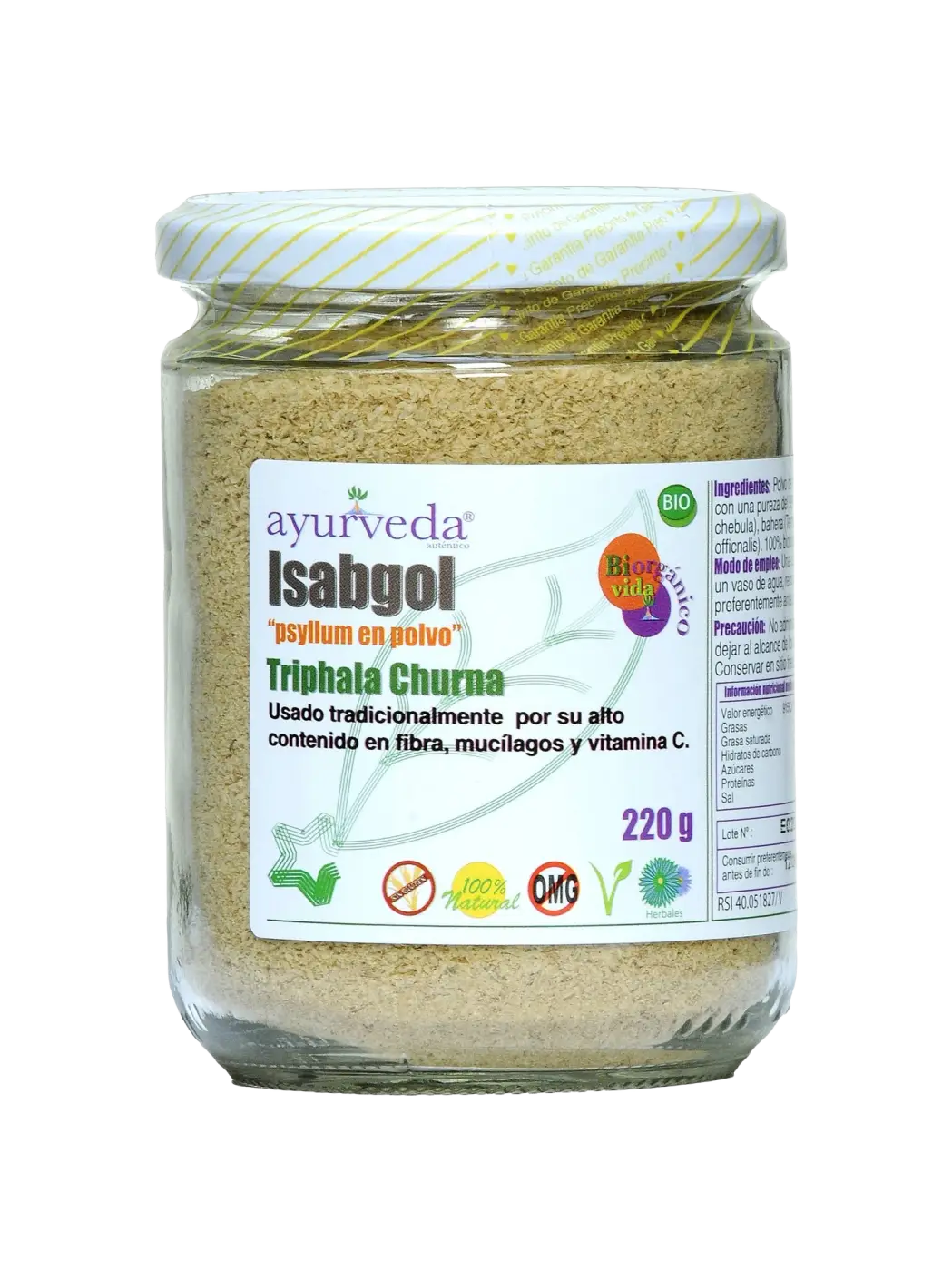 Isabgol mit Triphala Churna, ayurvedische Nahrungsergänzung, traditionelle Mischung für Verdauung und Entgiftung, Ayurveda Auténtico