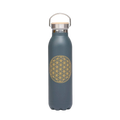 Matte graue isolier-trinkflasche aus edelstahl 600ml mit goldenem flower of life design, bambusdeckel und griff aus edelstahl