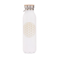 Weiße isolier-trinkflasche edelstahl 600ml mit goldener flower of life blume, edelstahlverschluss und bambuskappe