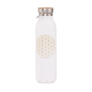 Weiße isolier-trinkflasche edelstahl 600ml mit goldener flower of life blume, edelstahlverschluss und bambuskappe