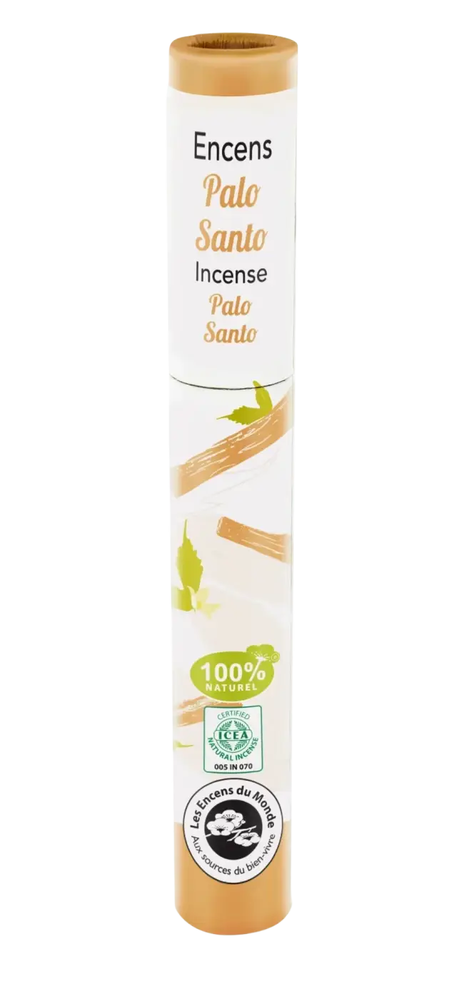 Japanische Weihrauch-Räucherstäbchen von Faire Aromandise, Herbosense, mit Palo Santo Duft, in einer Schachtel auf einem Holztablett.