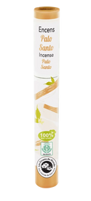 Japanische Weihrauch-Räucherstäbchen von Faire Aromandise, Herbosense, mit Palo Santo Duft, in einer Schachtel auf einem Holztablett.