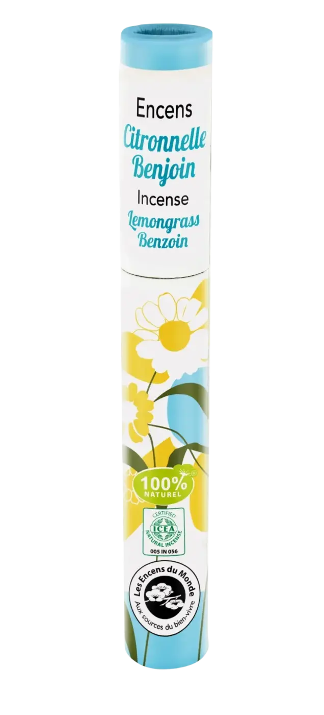 Japanische Weihrauchräucherstäbchen von Faire Aromandise, Zitronengras und Benzoe, für aromatische Räucherzeremonien.