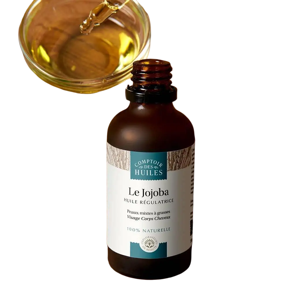 Jojobaöl von Comptoir des Hules, natürliches Haut- und Haarpflegeöl, in einer Flasche mit goldener Kappe, flüssige Konsistenz
