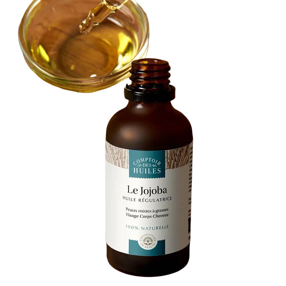 Jojobaöl von Comptoir des Hules, natürliches Haut- und Haarpflegeöl in einer transparenten Flasche, ideal für Naturkosmetik.