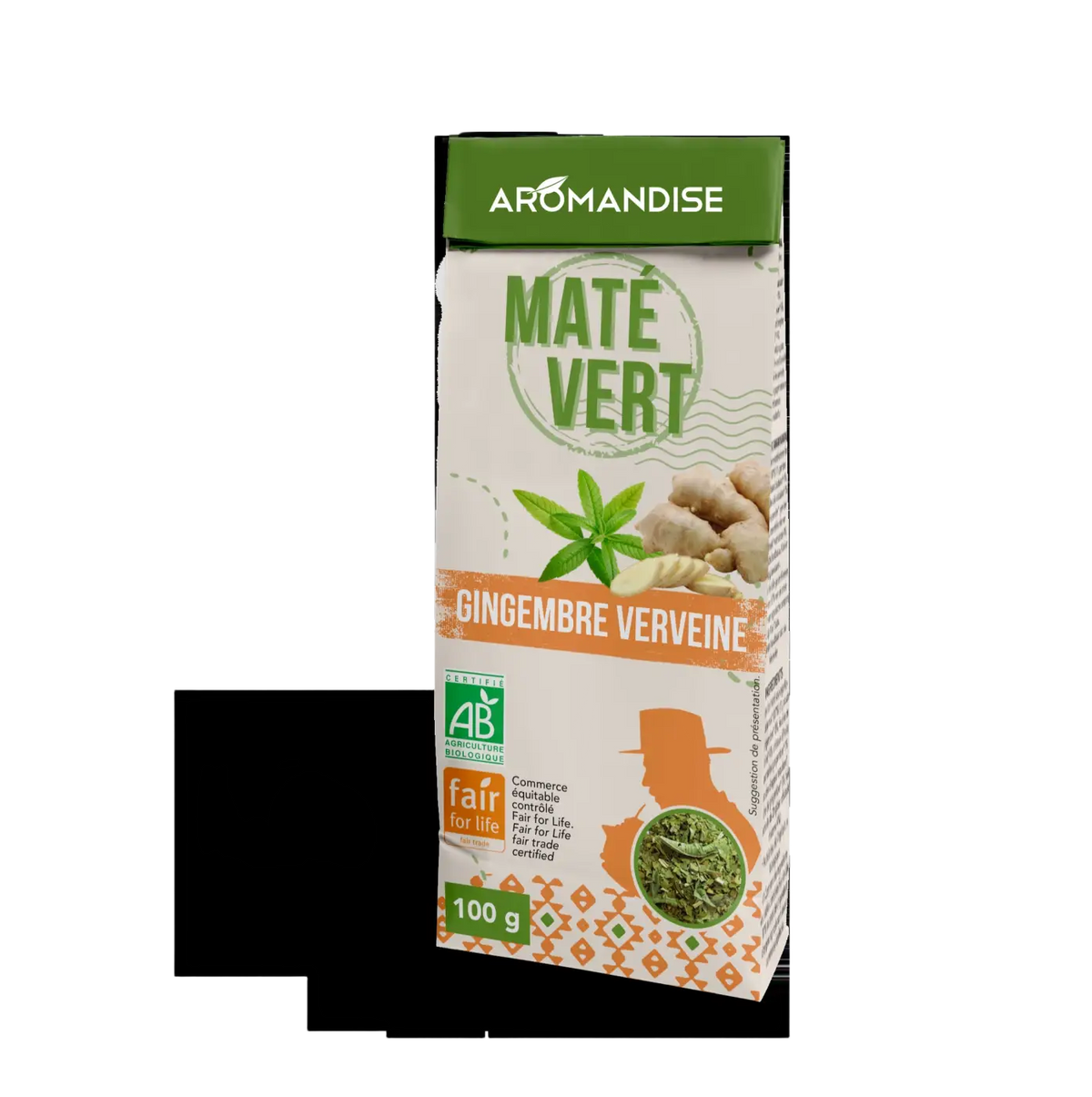 Kaffeeersatz Maté mit Wilder Grüntee, Ingwer und Eisenkraut, AROMANDISE, in einer Tasse mit frischen Kräutern und Teeblättern.