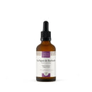 Braune glasflasche mit schwarzem tropfverschluss und weißem etikett mit lila akzenten kaktusfeigenkernöl bio anti aging öl für reife haut