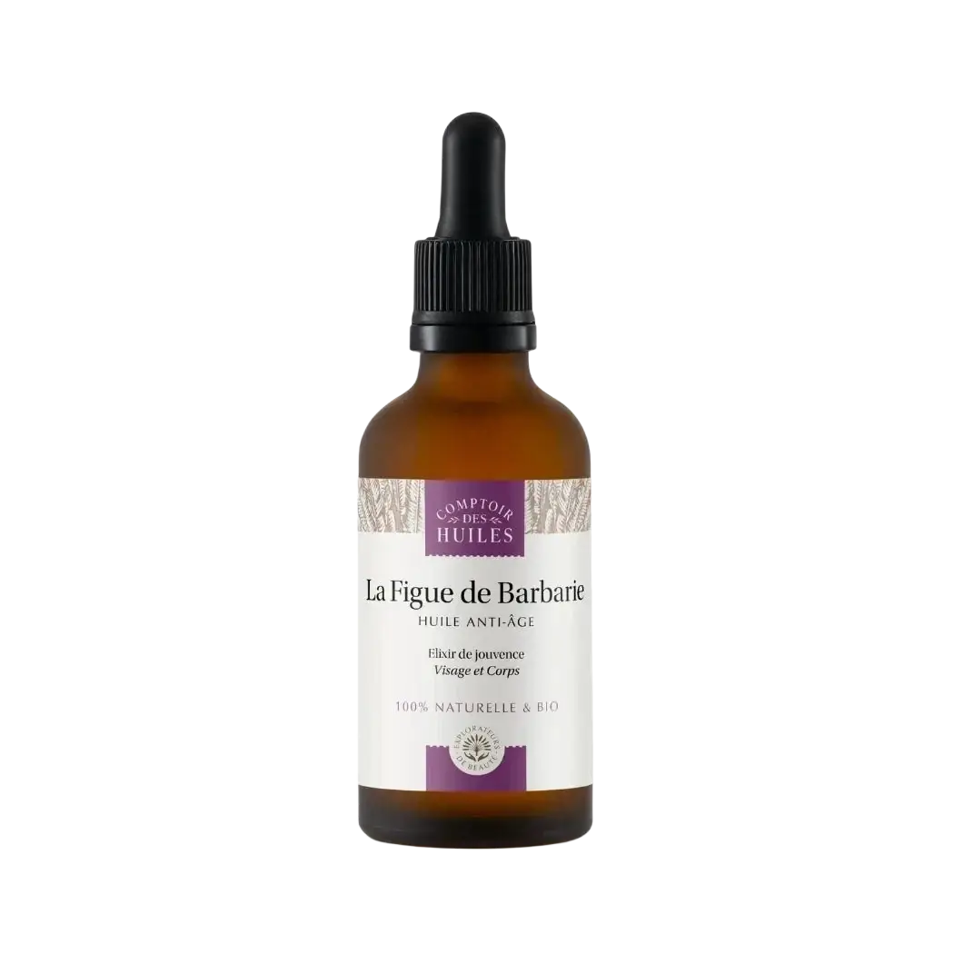 Bio Kaktusfeigenkernöl von Comptoir des Hules, kaltgepresstes Anti-Aging-Gesichtsöl mit Pipette in 50 ml Flasche.