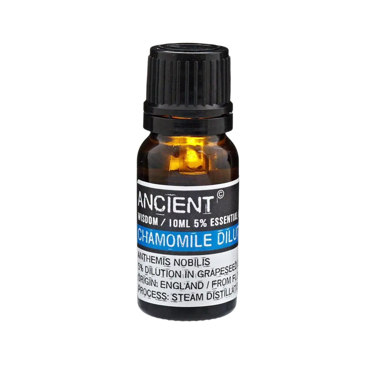 Kleine bernsteinfarbene glasflasche mit schwarzem deckel und etikett für verdünntes kamillenöl 10 ml im mana shop