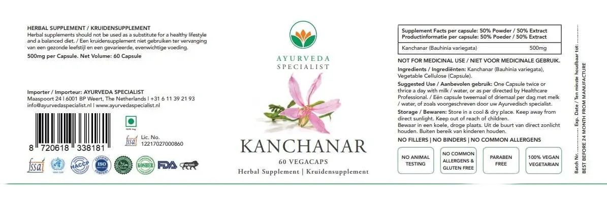 Kanchanar Nahrungsergänzung in 60 Vegacaps, unterstützt Hautgesundheit und Hormonbalance, von Ayurveda Specialist B.V.