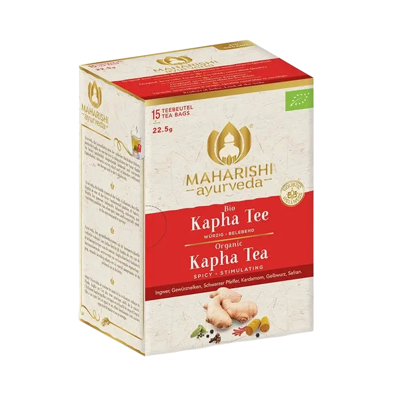 Bio Kapha Tee von Maharishi, 15 Stück, cremfarbenes ayurvedisches Kräutertee-Set auf der Verpackung sichtbar