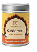 Ein silberner metallzylinder mit gelb-orange etikett classic ayurveda kardamom mit schale bio 70g ganze kapseln