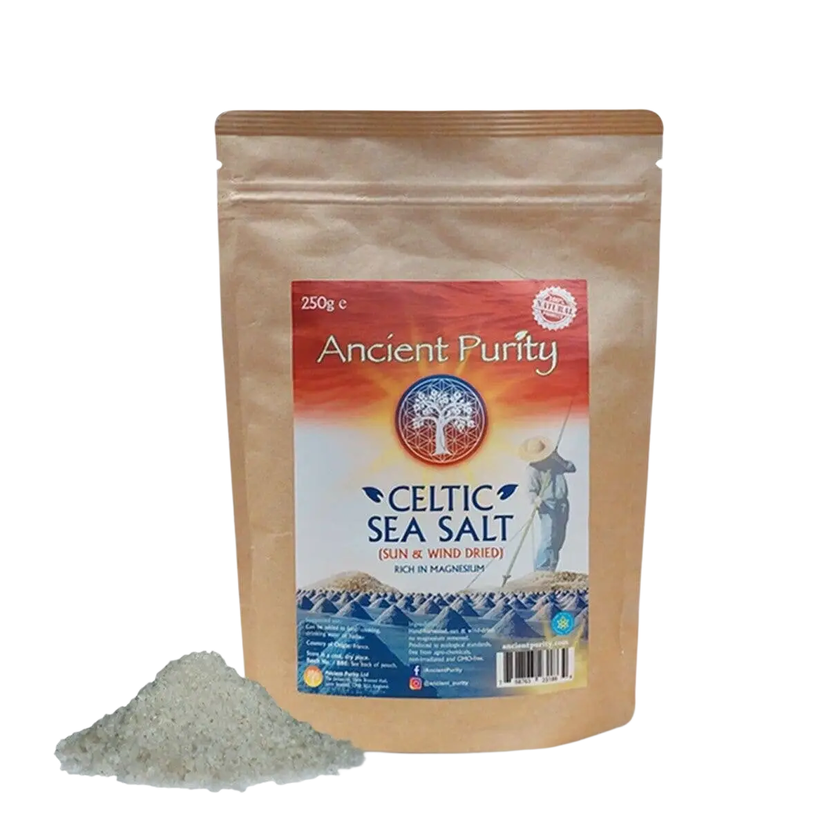 Grobes keltisches Meersalz von Ancient Purity, 250 g, mit Kristallen auf weißem Hintergrund, für kulinarische Verwendung.