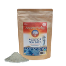 Ein 250g wiederverschließbarer beutel keltisches meersalz grob von ancient purity in einem beige-orange-blauen design