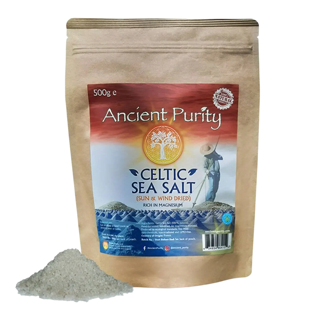Grobes keltisches Meersalz von Ancient Purity, 500g, naturbelassenes Lebensmittel, sichtbare Kristalle in einer offenen Packung
