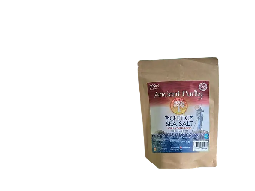Grobes keltisches Meersalz von Ancient Purity, braunes, wiederverschließbares Salz für Lebensmittel, Nahaufnahme