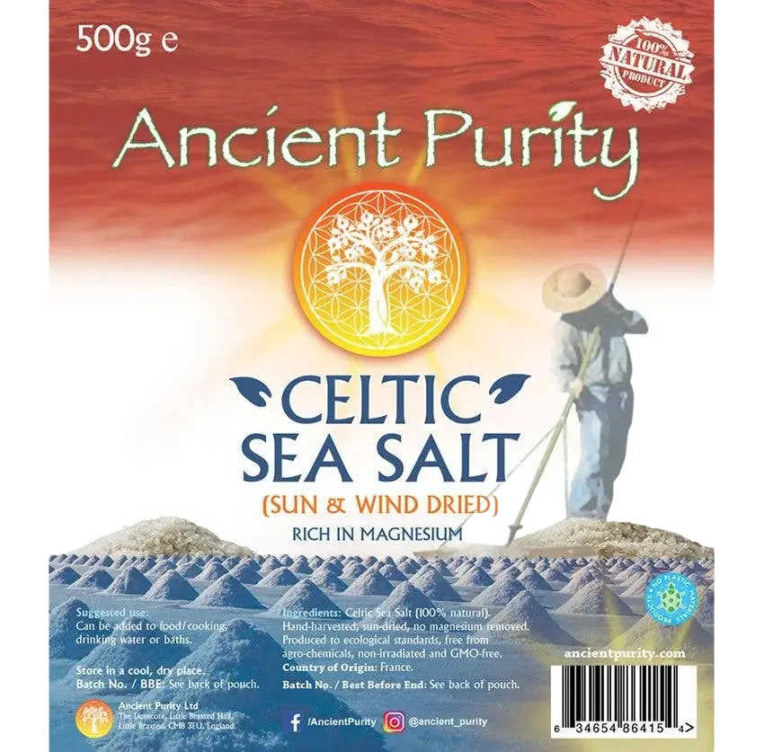 Grobes keltisches Meersalz von Ancient Purity in einer 500g Packung, natürliches Lebensmittel mit uralter Reinheit.