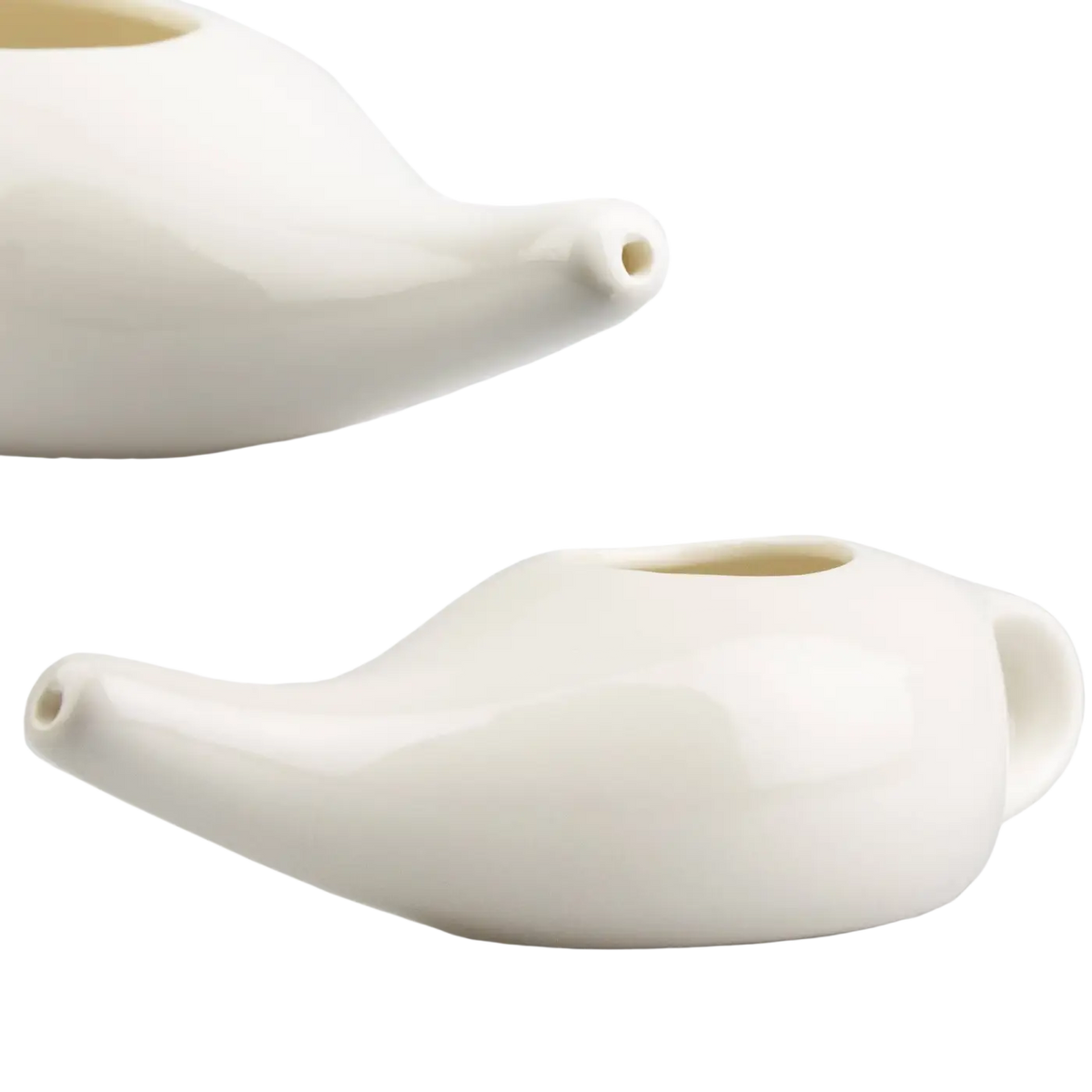 Weißer keramischer Nasaler Neti Pot für Nasenspülung, Myga Eco, Gesicht, detailreiche Ansicht der Keramikkanne