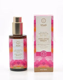 Khadi hautöl pink lotus beauty gesichts- und körperöl 100ml in glasflasche mit goldpumpe und pink orange gemustertem karton mit ylang ylang samenöl