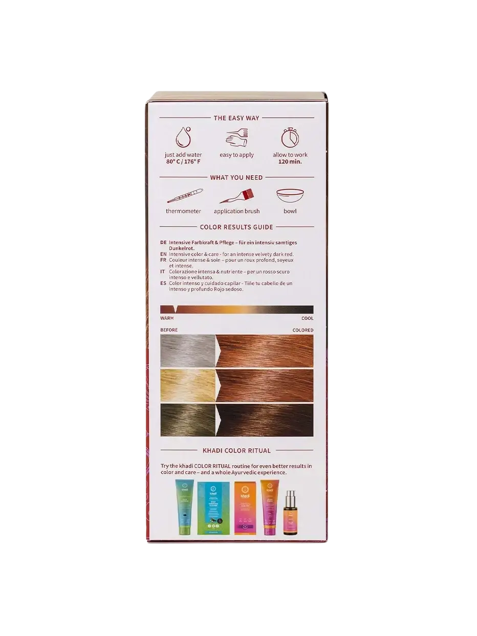 Haarfarbe Khadi Pflanzenhaarfarbe Auburn Red in 100g Verpackung, natürliche rote Tönung für Haare, in weißer Pappbox