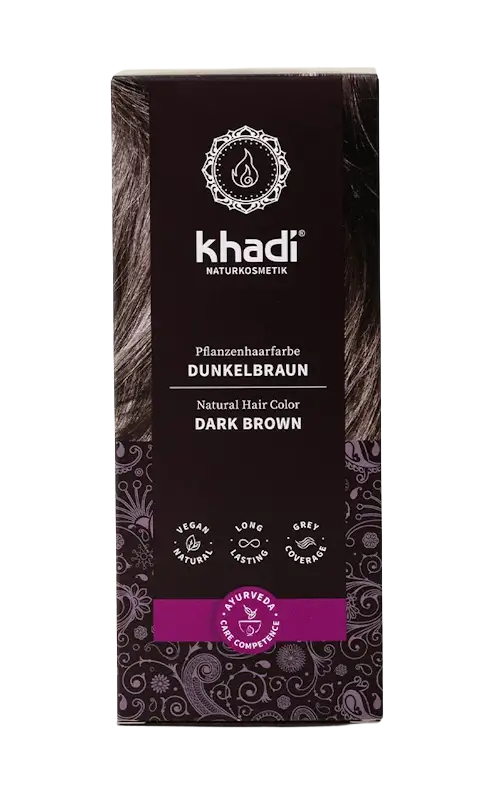 Khadi Pflanzenhaarfarbe Dunkelbraun, 100 g, natürliche Haarfarbe für dunkle Haare, in einer Verpackung mit brauner Farbe