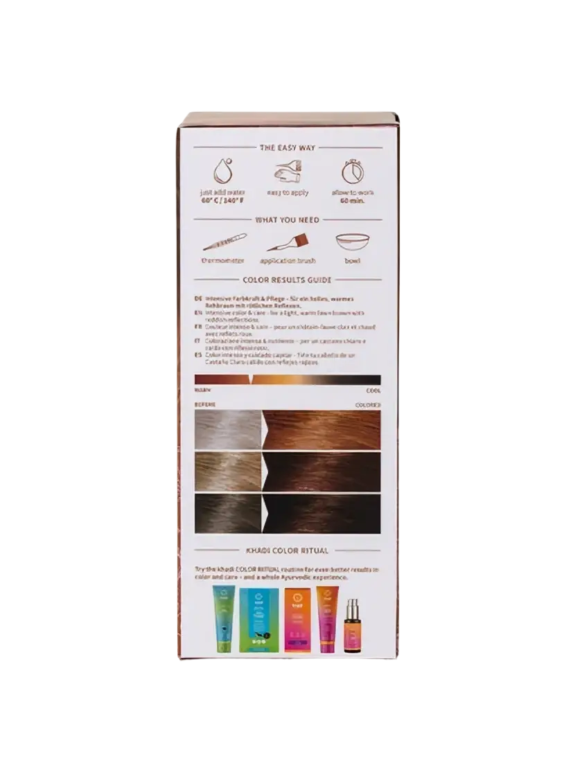 Khadi Pflanzenhaarfarbe Hellbraun, 100g, zeigt das Produkt in der Verpackung mit Anwendungshintergrund und Farbdetails auf Haare.
