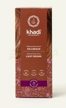 Khadi Pflanzenhaarfarbe Hellbraun, natürliche Bio-Haarfarbe für warmes Hellbraun, 100 g, Verpackung und Produktbeschreibung sichtbar
