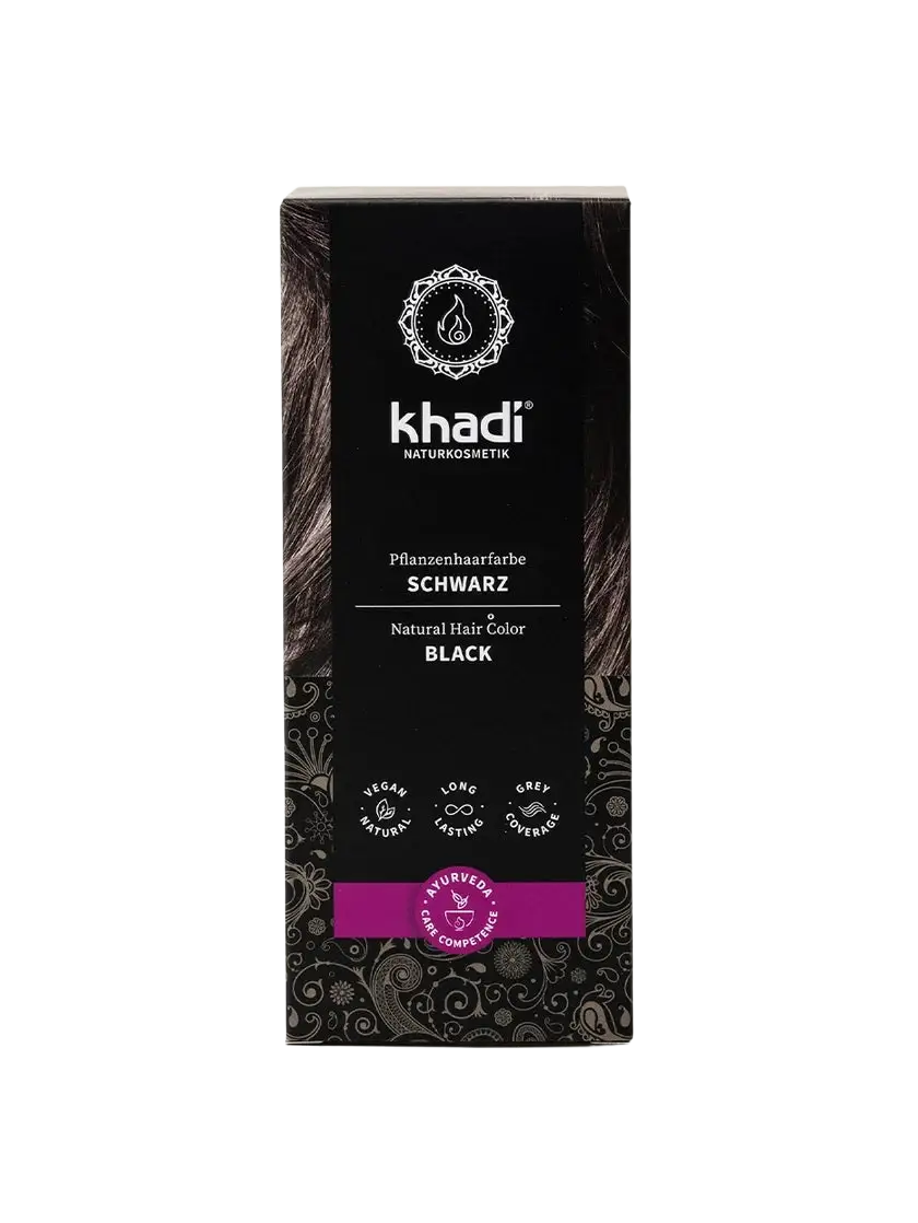 Khadi Pflanzenhaarfarbe Schwarz in 100g rechteckiger Verpackung, natürliche Haarfarbe, ideal für schwarzes Haar