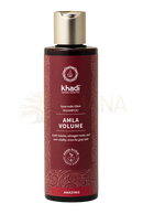 Eine dunkelrote flasche khadi shampoo amla volume 200ml mit goldkappe und weißen paisleymustern auf dem etikettt