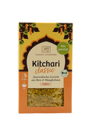 Ein lebendiges orangenes und gelbes paket kitchari classic mit basmatireis und mungbohnen als vollwertige mahlzeit