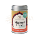 Ein zylindrischer metallbehälter mit silbernem deckel und etikett in orange, gelb und weiß mit classic ayurveda kitchari love bio agni queen spice für gemüse und dhal