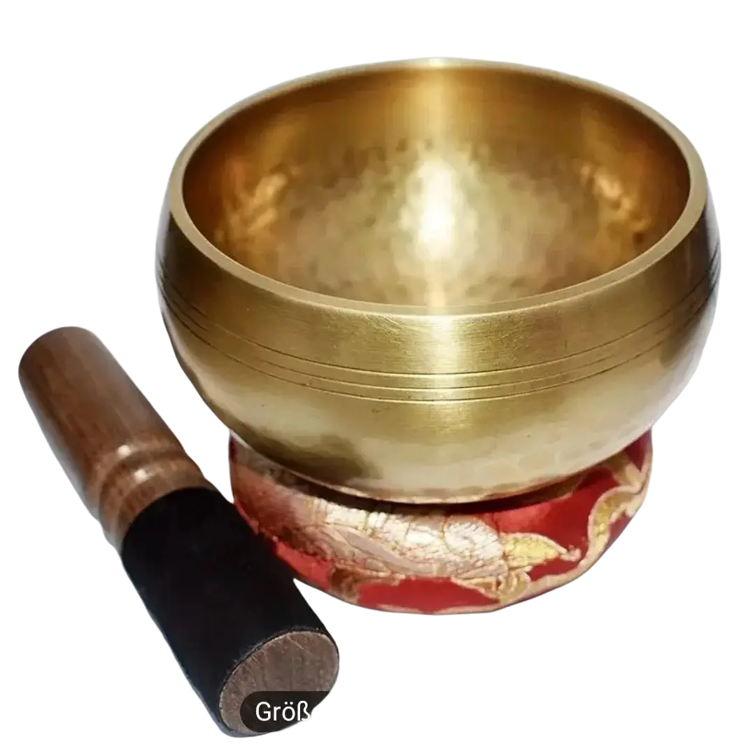 Goldene messing tibetische klingenschale 11cm mit glattem, gehämmertem innenraum und konzentrischen rillen, mana shop singing bowl set