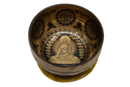 Goldene tibetische klangschale buddha shakyamuni aus bronze handgraviert mit buddha und ornamenten inklusive lederklöppel