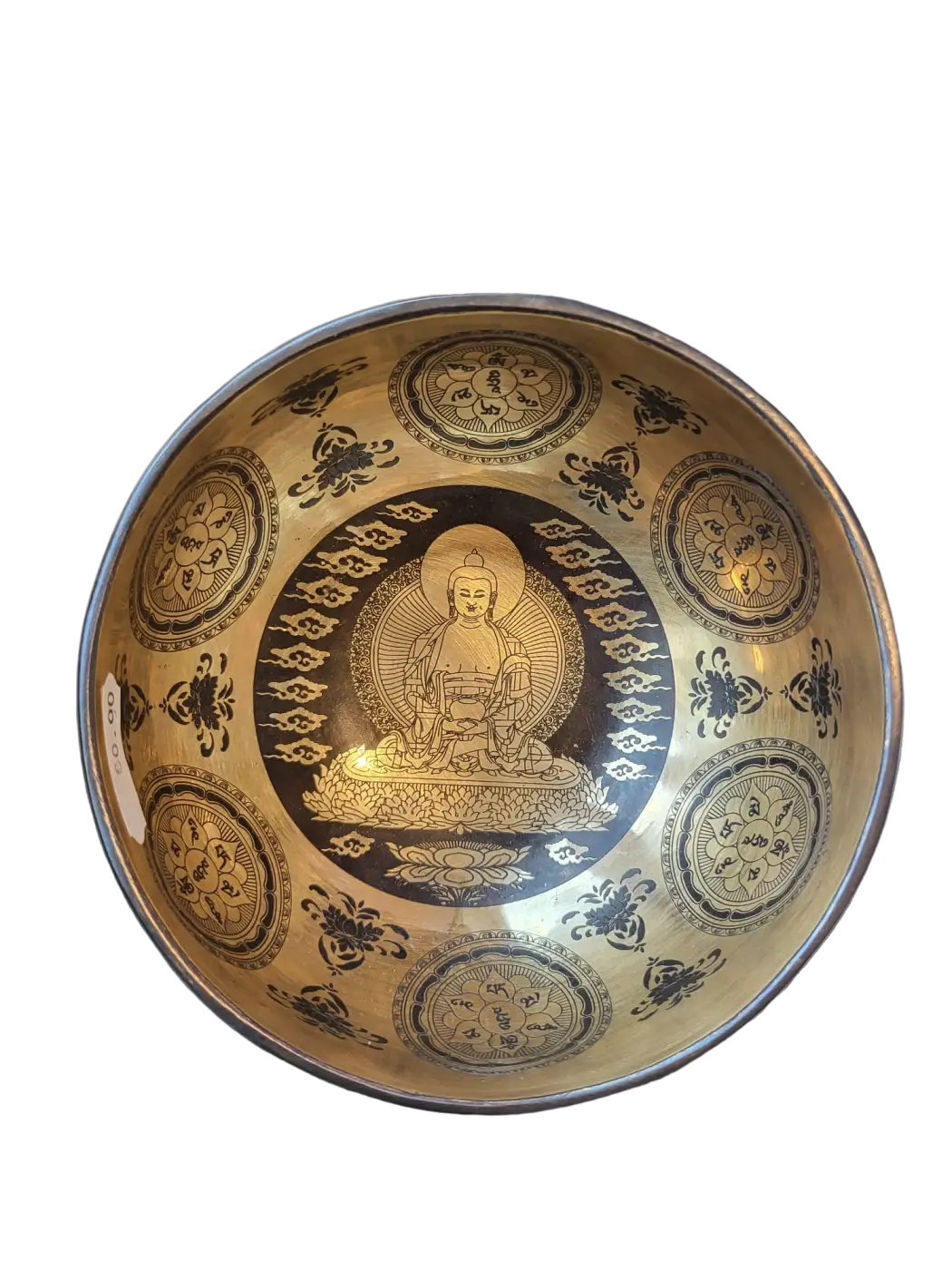 Tibet Klangschale „Buddha Shakyamuni“ mit Lotus, handgravierte Bronze, Musikinstrument mit Mantra, handgefertigt