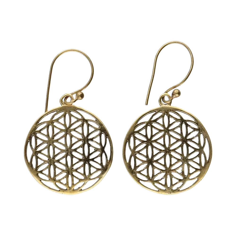 Goldene Bronzeohrringe mit filigraner Blume des Lebens Verzierung, eleganter Schmuck von Vives de la Cortada S.L