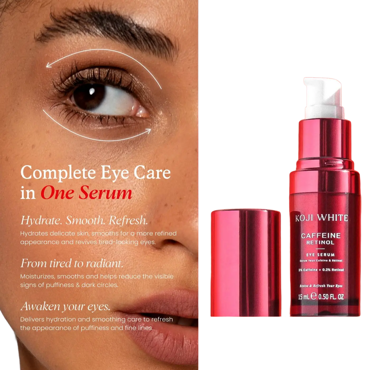 Koji White Augenserum mit 3 % Koffein und 0,2 % Retinol, Gesichtspflege gegen Augenringe und Schwellungen, elegante Verpackung