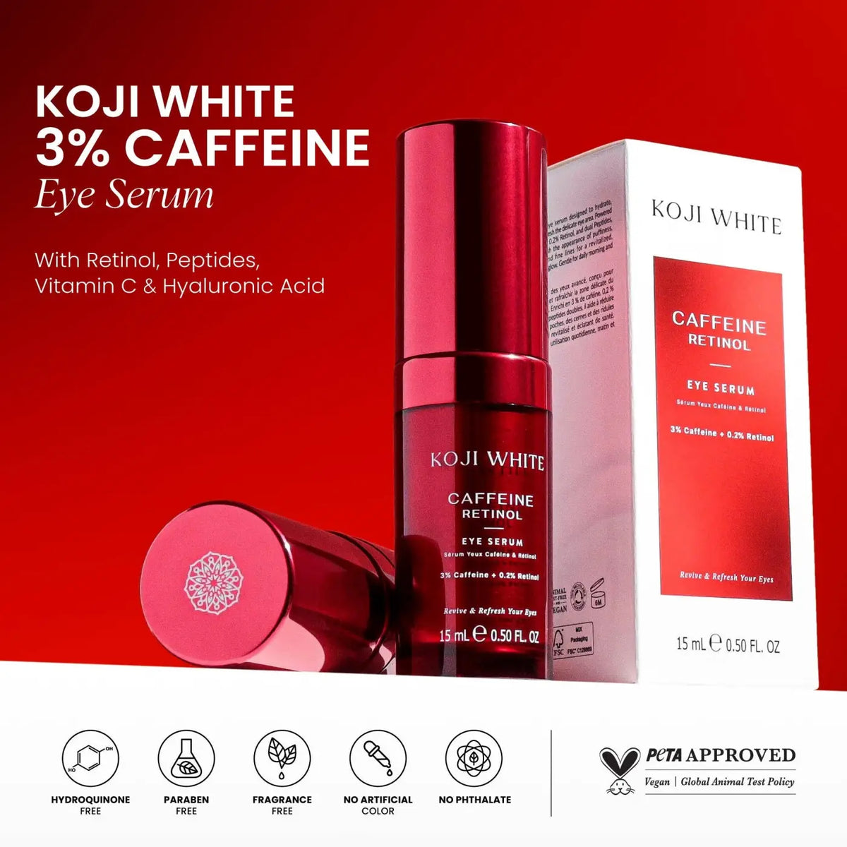 Koji White 3 % Koffein Augenserum mit 0,2 % Retinol, Gesichtspflege gegen Augenringe und Schwellungen, Nahaufnahme