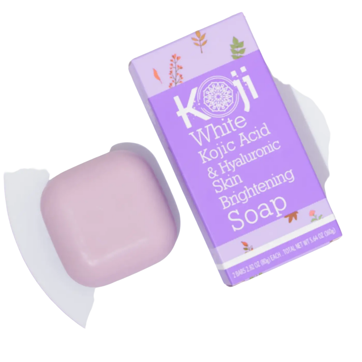 Helle Koji White Seife mit Kojisäure und Hyaluronsäure, zeigt die Seifenstück mit weißer Verpackung und Inhaltsstoffen.