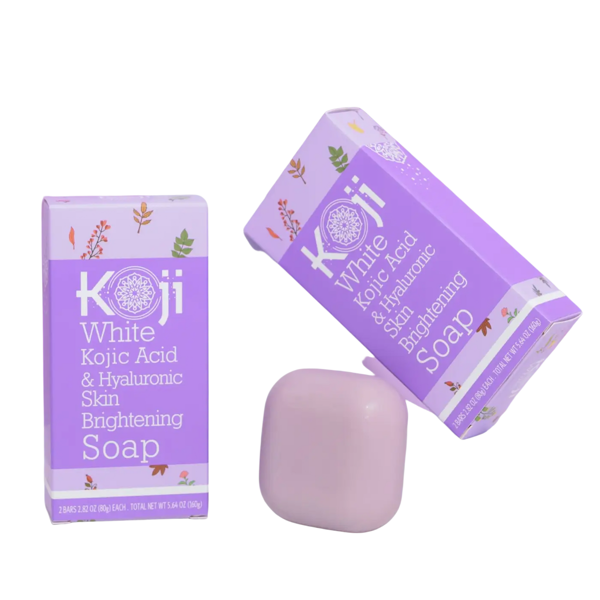 Koji White aufhellende Seife mit Kojisäure und Hyaluronsäure, zeigt die weiße Seifenstange in einer stilvollen Verpackung.