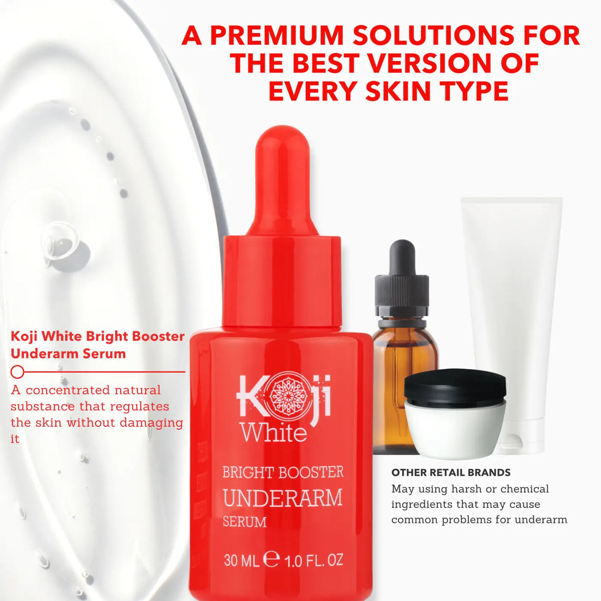 Koji White Bright Booster Achselserum für strahlende, gepflegte Achseln, in einer weißen Flasche mit Pumpspender, auf weißem Hintergrund