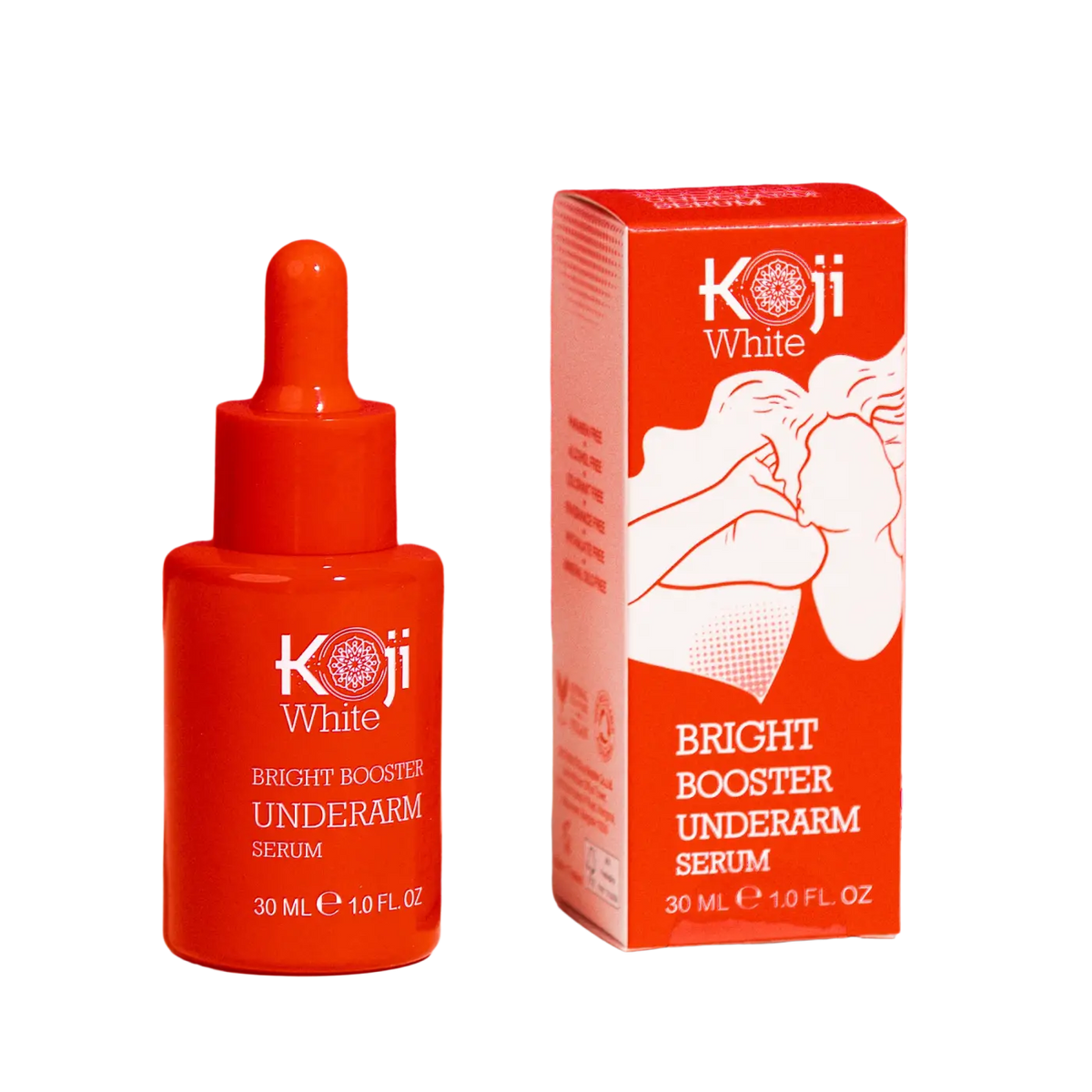 Koji White Bright Booster Achselserum in einer Flasche, ideale Körperpflege für hellere Achselhaut, auf einem weißen Hintergrund.
