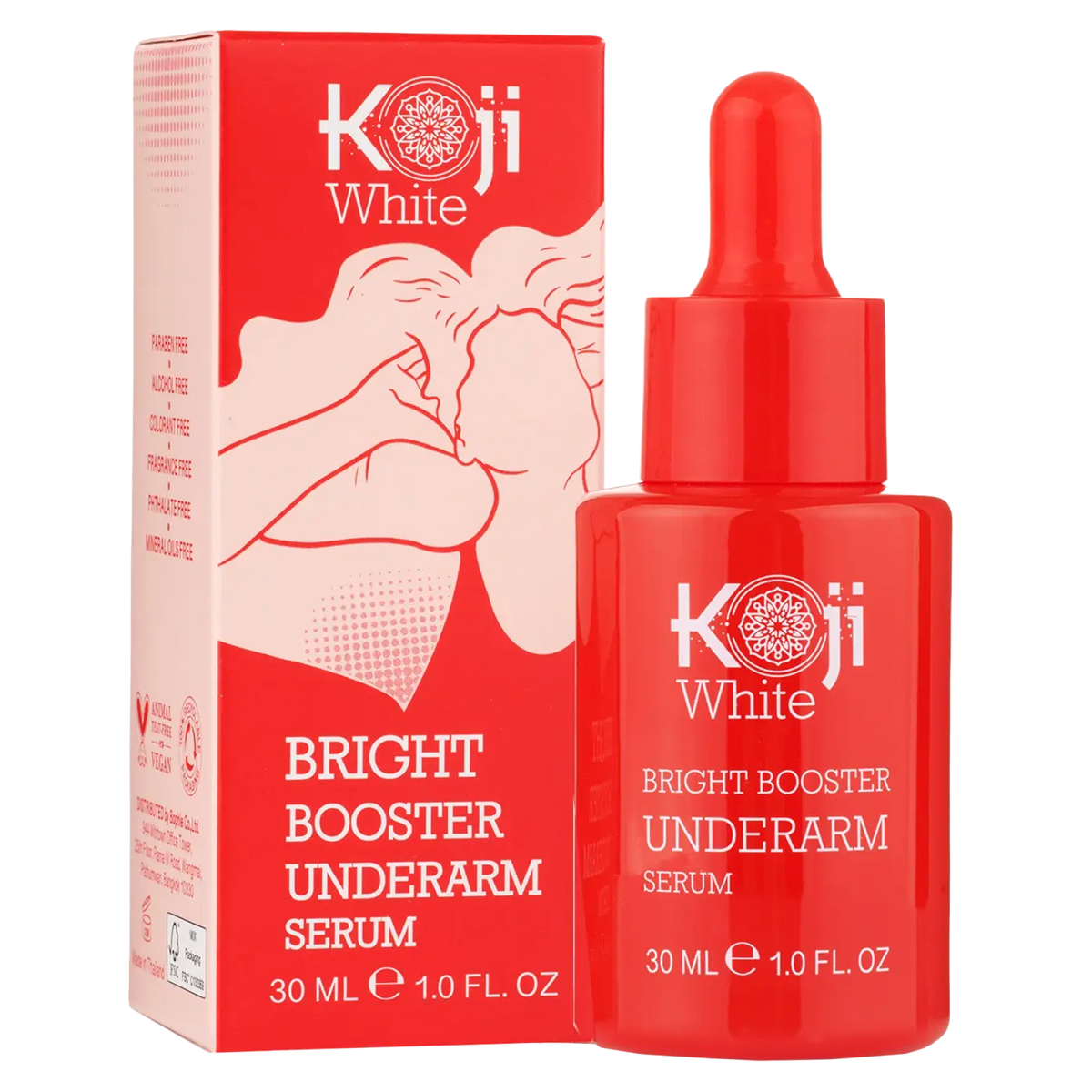 Koji White Bright Booster Achselserum in roter Glasflasche, Körperpflegeprodukt für strahlende Achselhaut