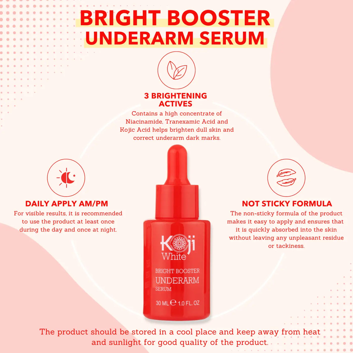 Koji White Bright Booster Achselserum in roter Glasflasche, Körperpflegeprodukt zur Hautaufhellung und Pflege der Achseln